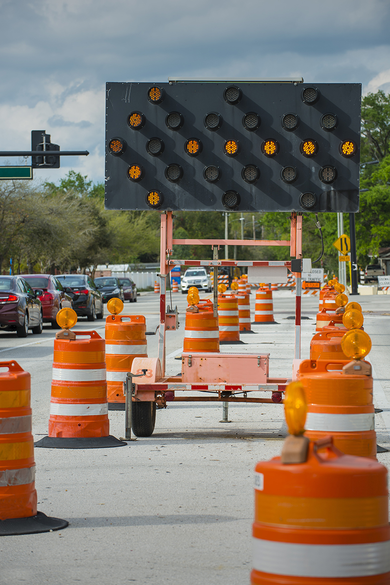 Construction cones, barrels and arrow board trailer.